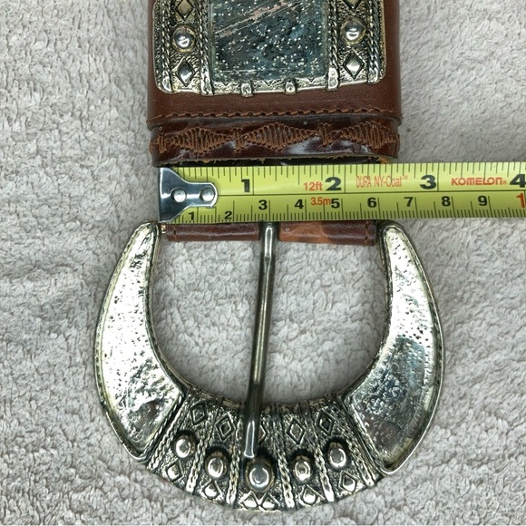 Vintage Adoppia Vita Leather Belt Wide Embossed-Bourbon Brown/Silver-Women’s 28
